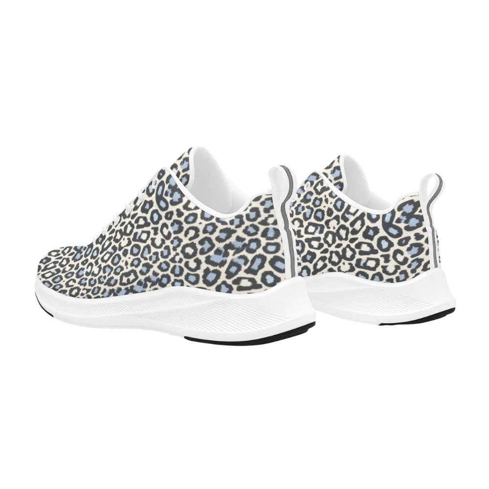 White sneakers featuring a blue and black leopard print pattern, with a sleek, breathable design and cushioned sole.