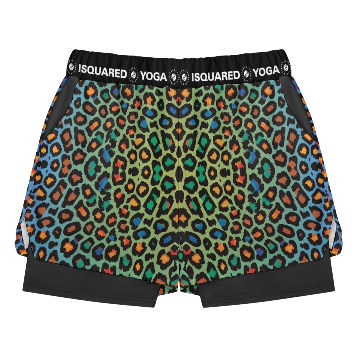 Compression yoga shorts featuring a vibrant multicolor leopard print with black accents and a comfortable elastic waistband.