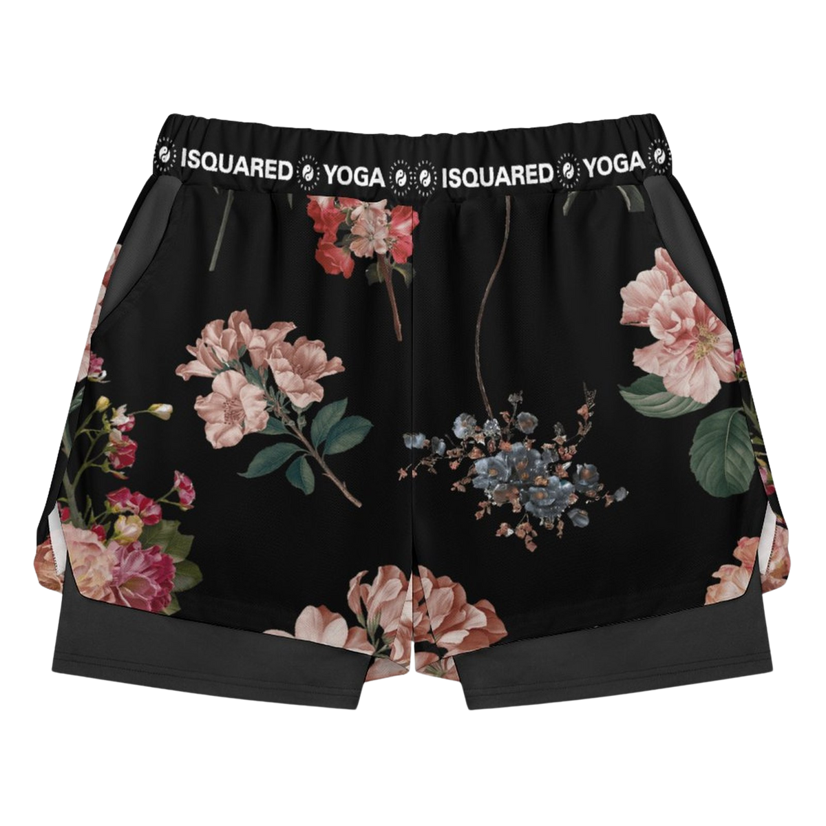 Compression yoga shorts in a black floral pattern featuring pink, blue, and green botanicals, with an elastic waistband and side pockets.