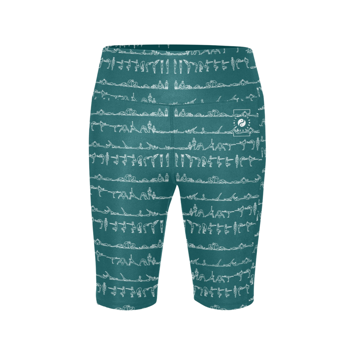 Bikram Ember iSquared Maureen Shorts in teal with white yoga pose print, high-waisted, biker-length design, with side pockets.