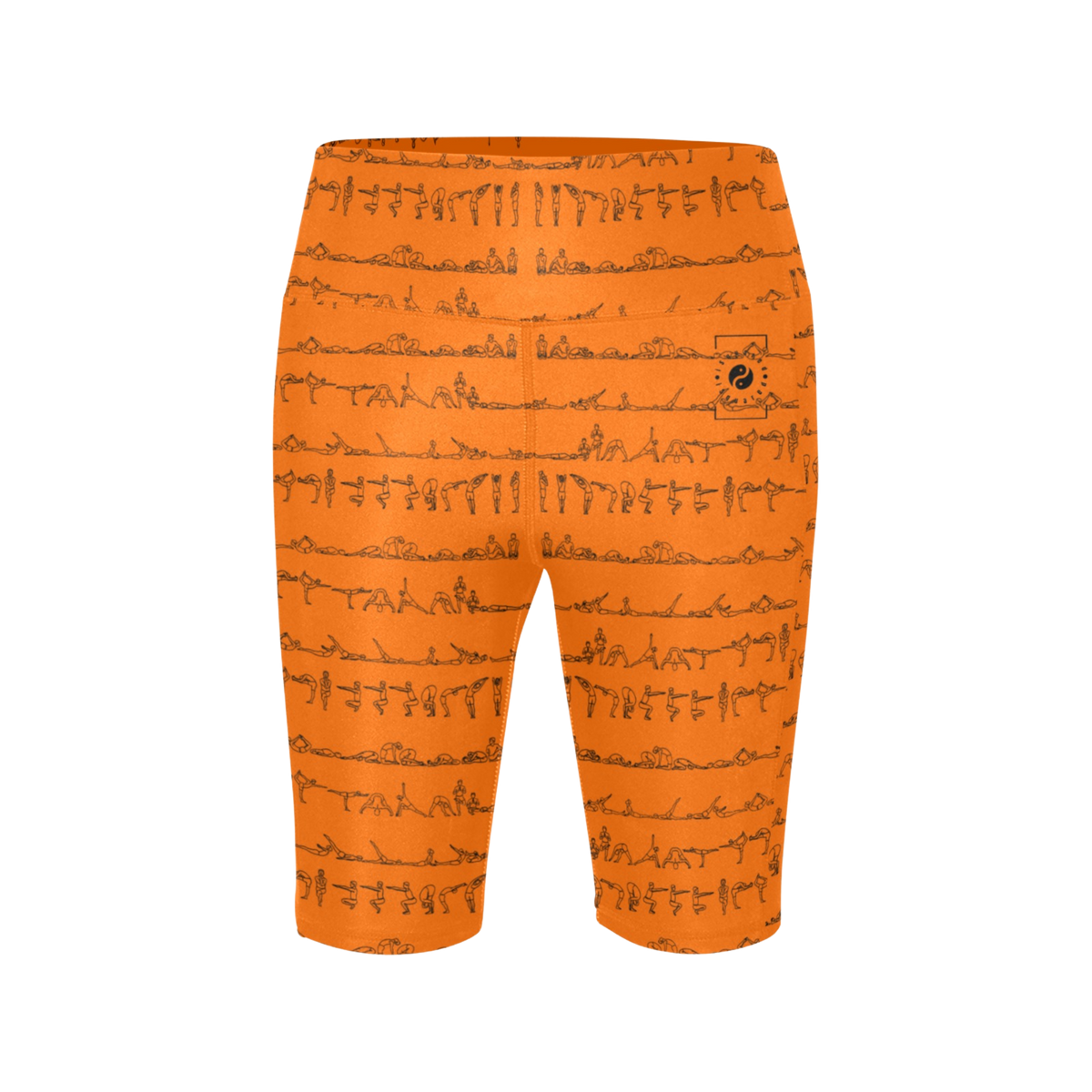 High-waisted biker shorts in vibrant orange with a pattern of yoga poses, designed for comfort and movement.