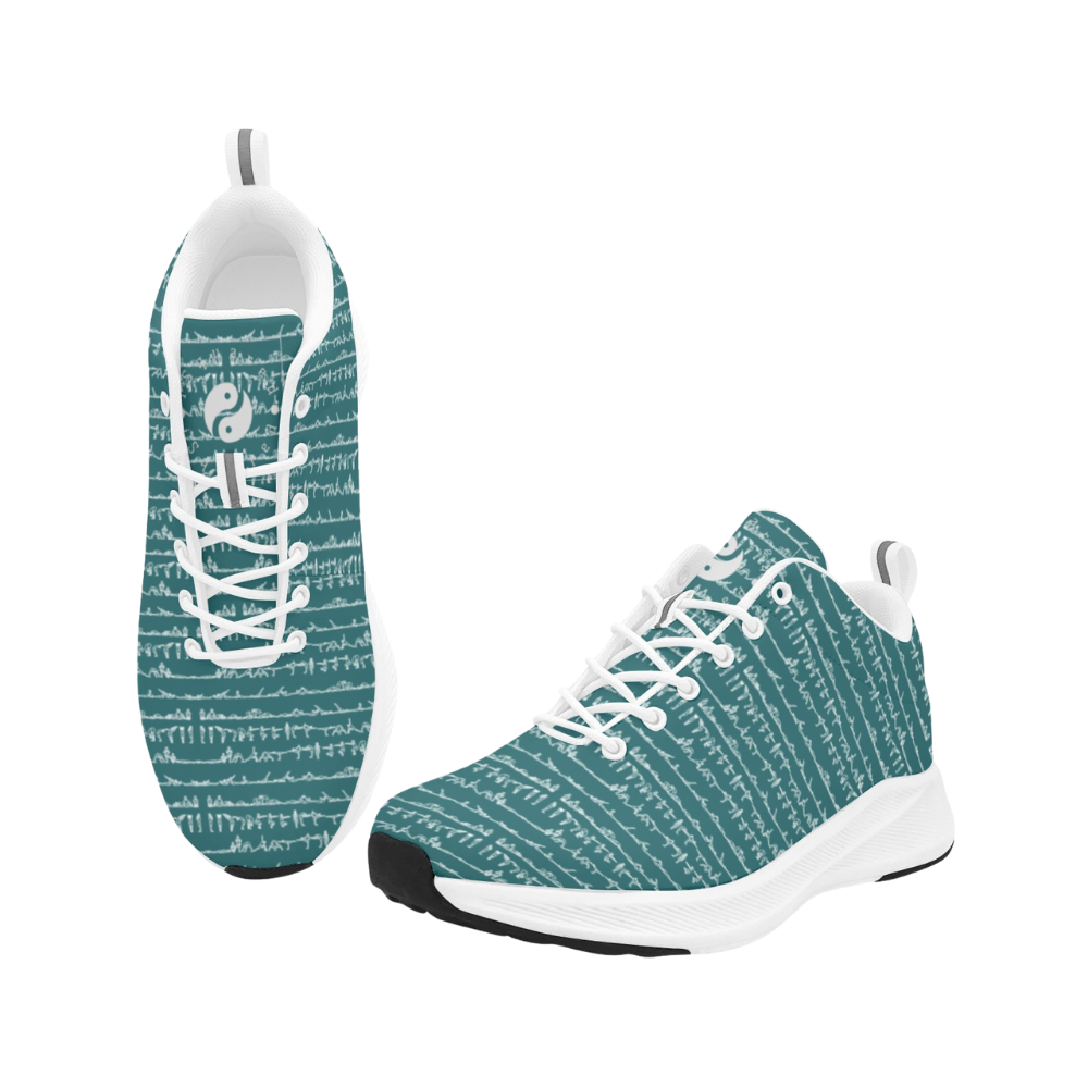 Bikram Ember iSquared Men Runners in teal with white geometric patterns, featuring a breathable faux suede upper and cushioned outsole.