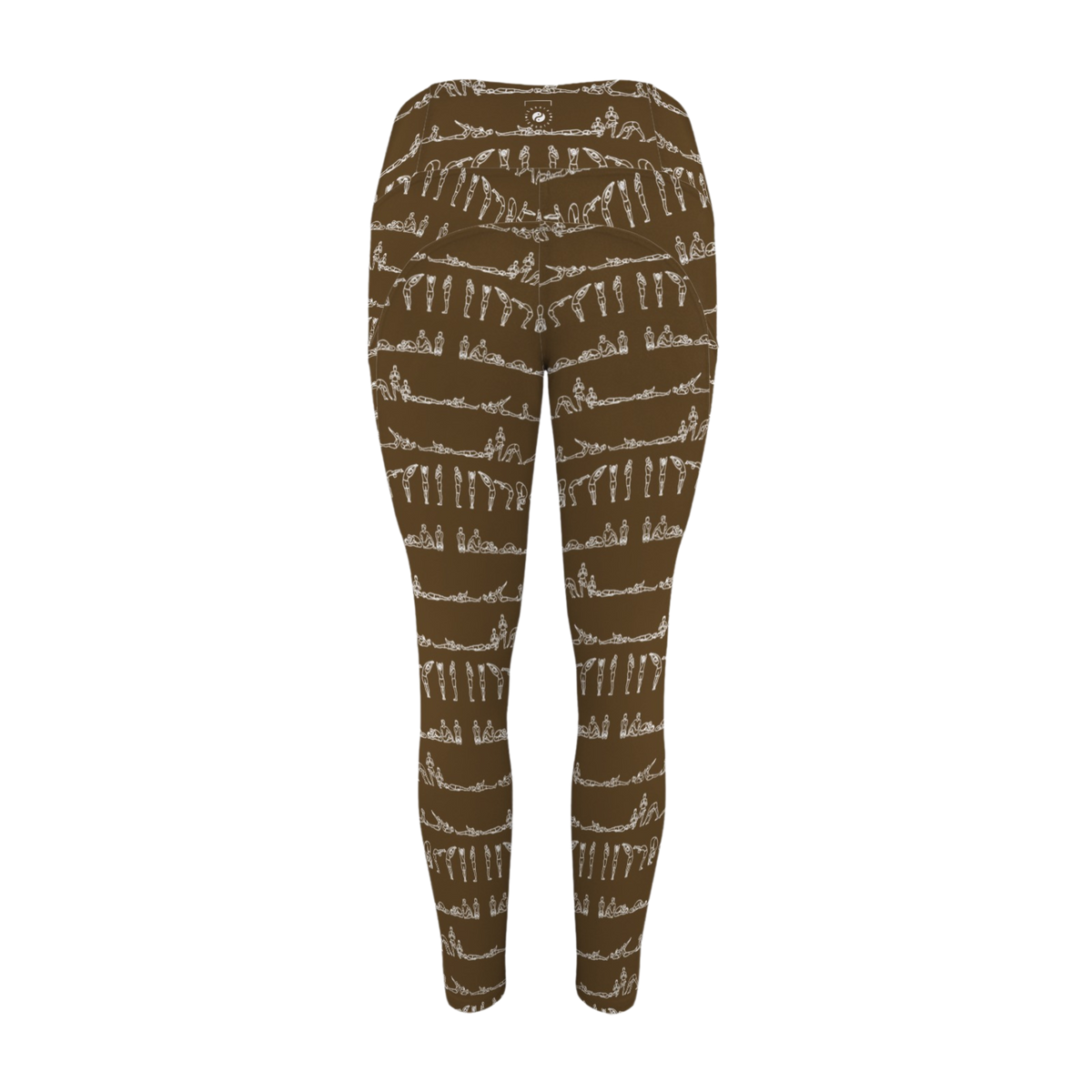 High-rise, brown leggings featuring a white yoga pose pattern, designed for optimal compression and comfort.