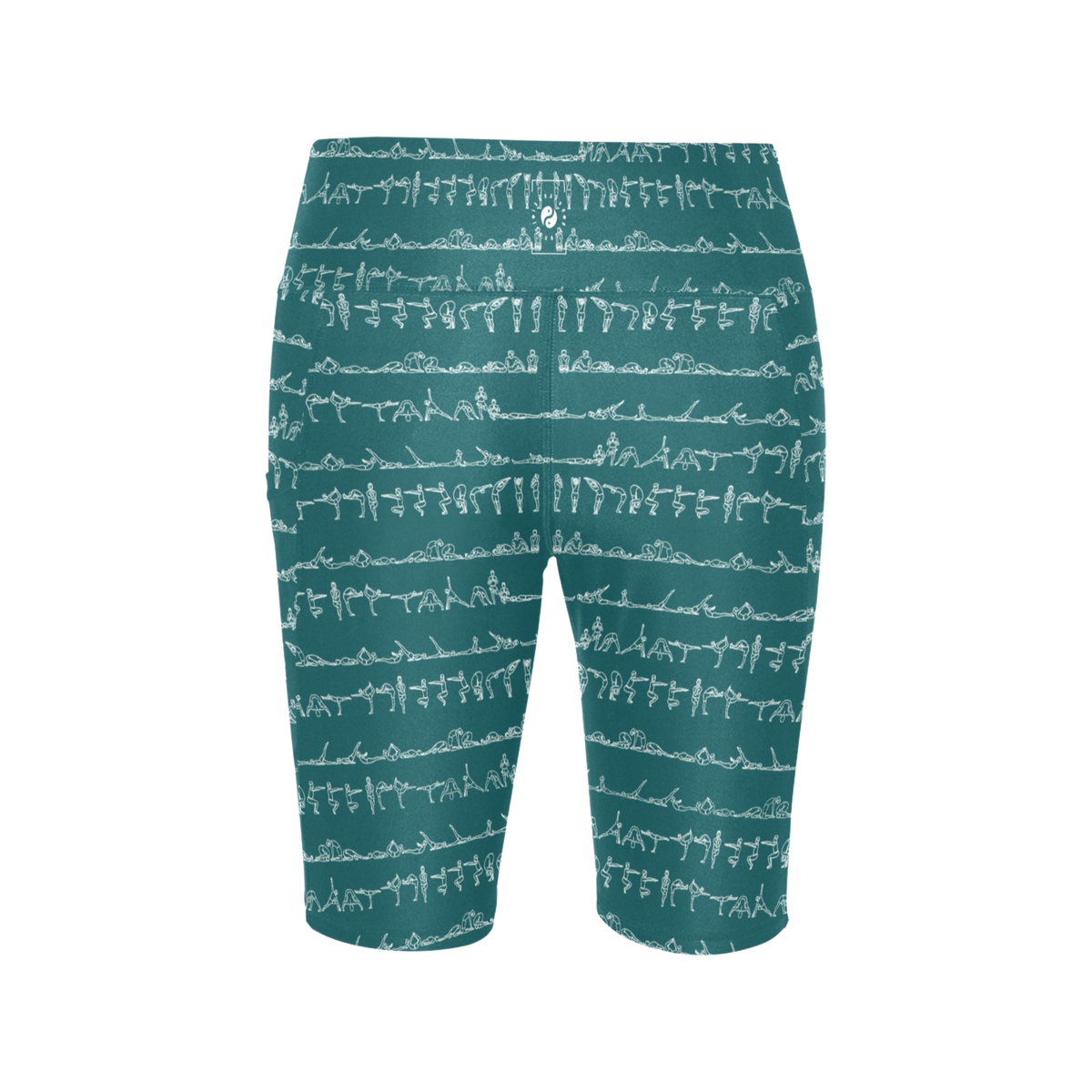 Bikram Ember iSquared Maureen Shorts in teal featuring white yoga pose graphics, high-waisted fit, and biker length.