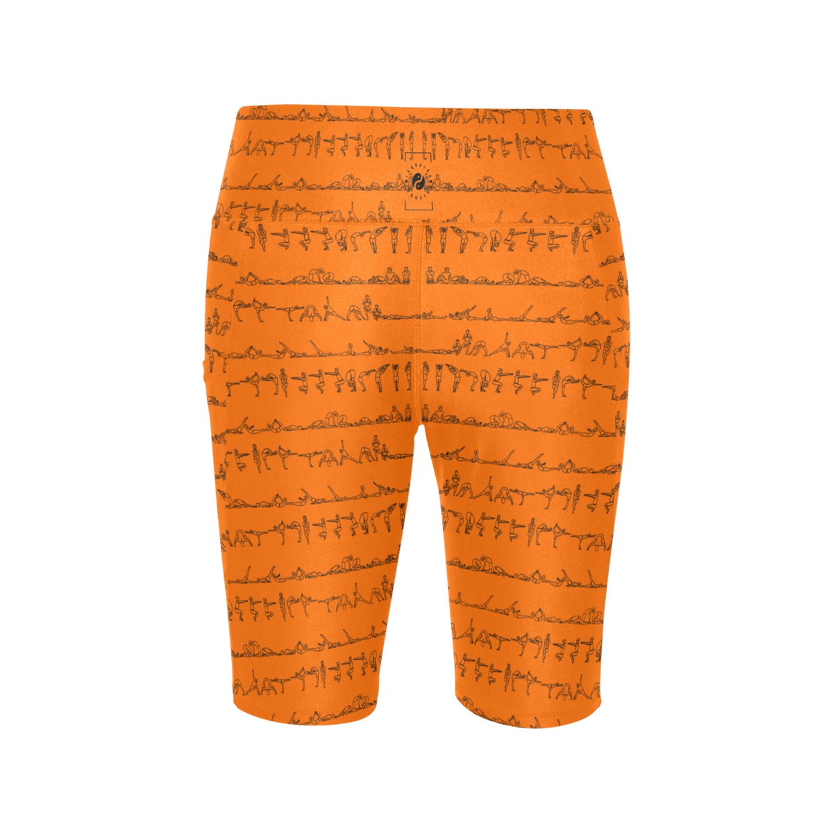 High-waisted orange Bikram shorts featuring a unique print of yoga postures, designed for comfort and performance.