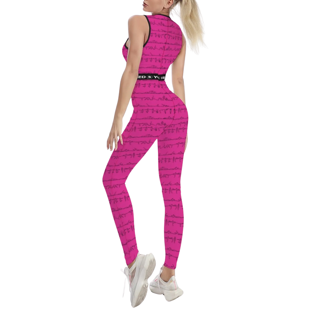 Sleeveless pink jumpsuit featuring a Bikram yoga print, paired with white sneakers, showing a body-contouring fit.