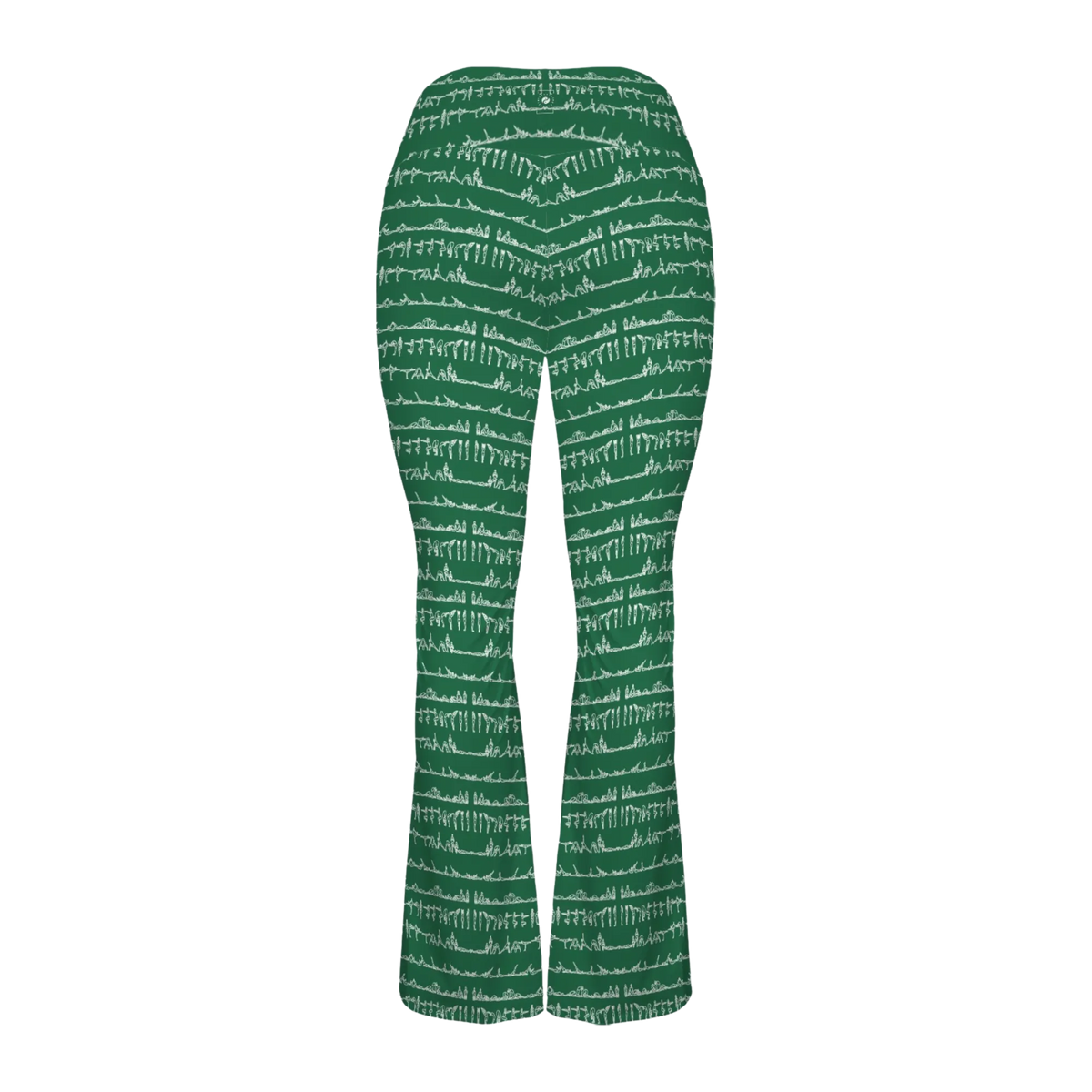 Bikram Ember Cross Waisted Flair Leggings in green with white abstract pattern, featuring a crossover waistband and flared silhouette.