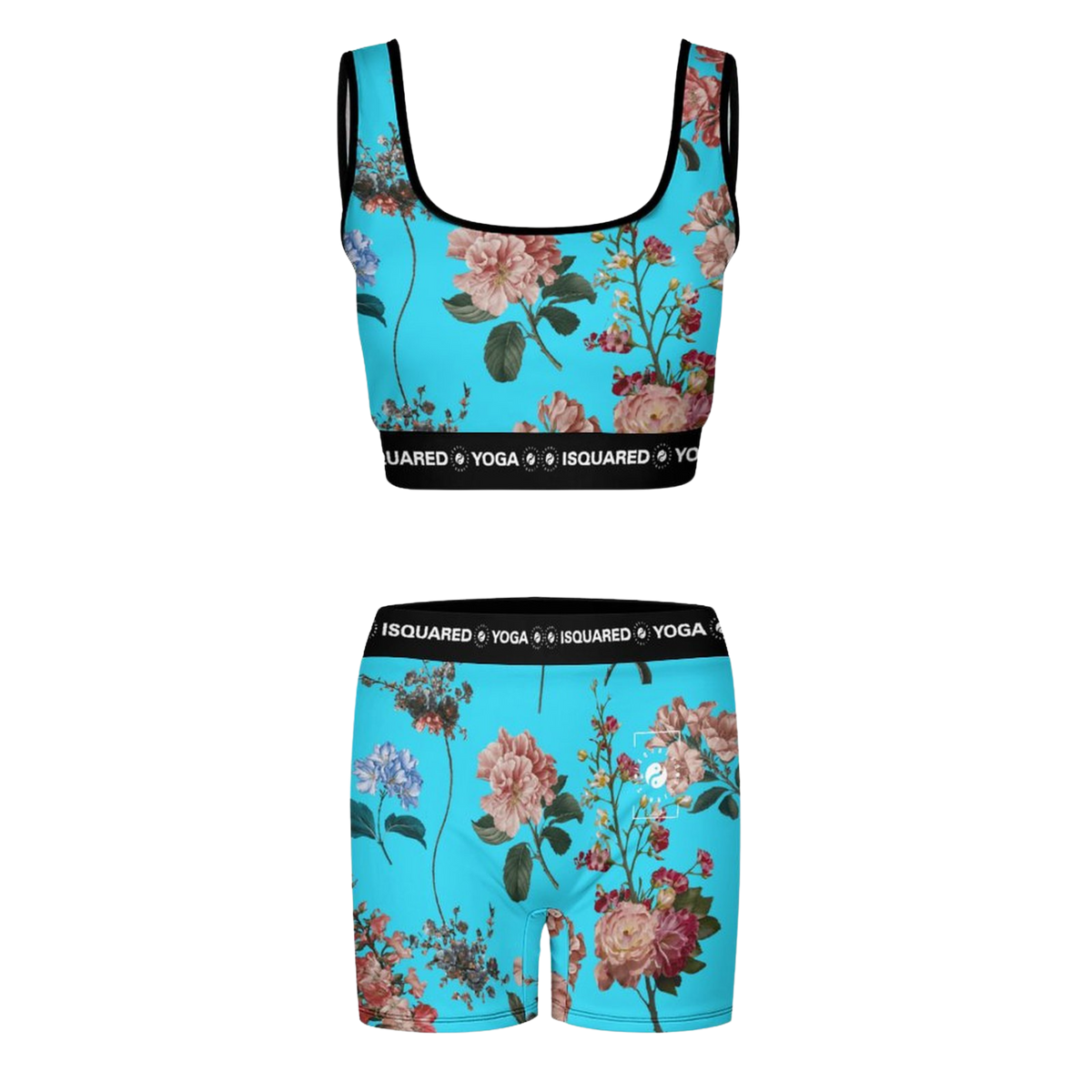 Floral print yoga set featuring a scoop-neck crop top and matching high-waisted shorts on a vibrant blue background.