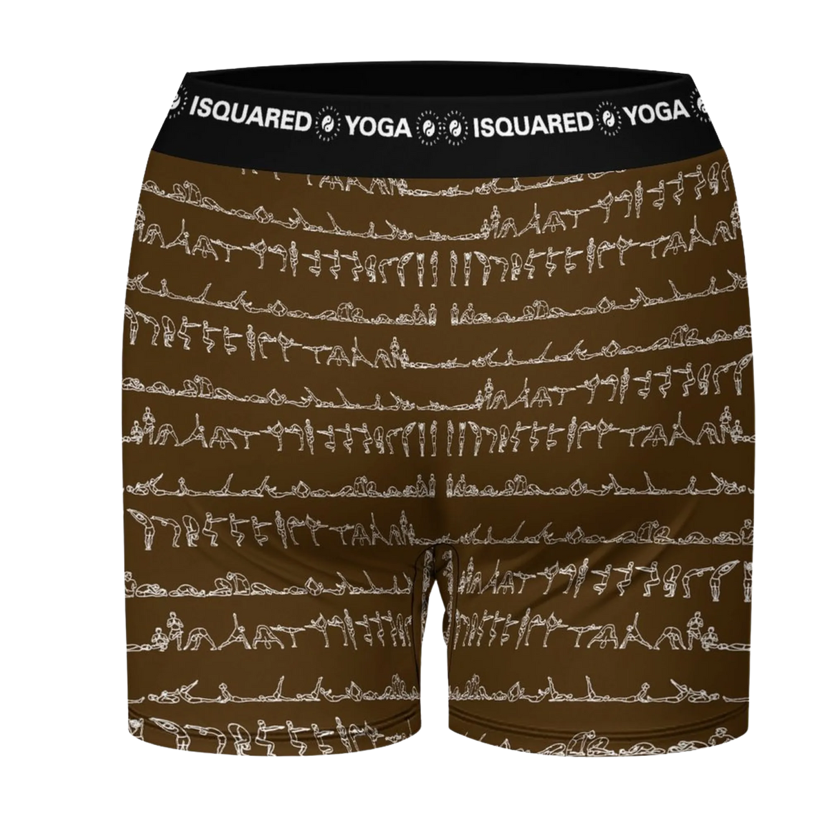 Unisex iSquared Yoga shorts in brown featuring white geometric patterns of yoga poses, with a black elastic waistband.