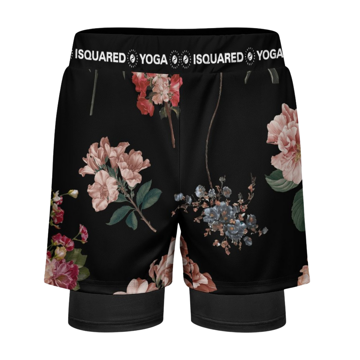 Black Compression Yoga Shorts featuring a vibrant floral pattern in pinks and blues, with an elastic waistband and dual-layer design.