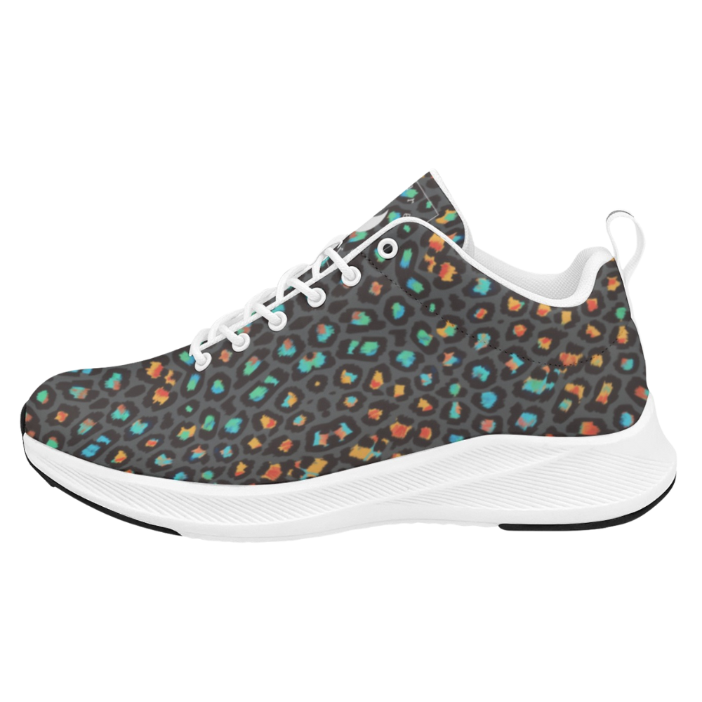 Wild Leopards iSquared Women Runners feature a black and colorful leopard print design with a white outsole and laces.