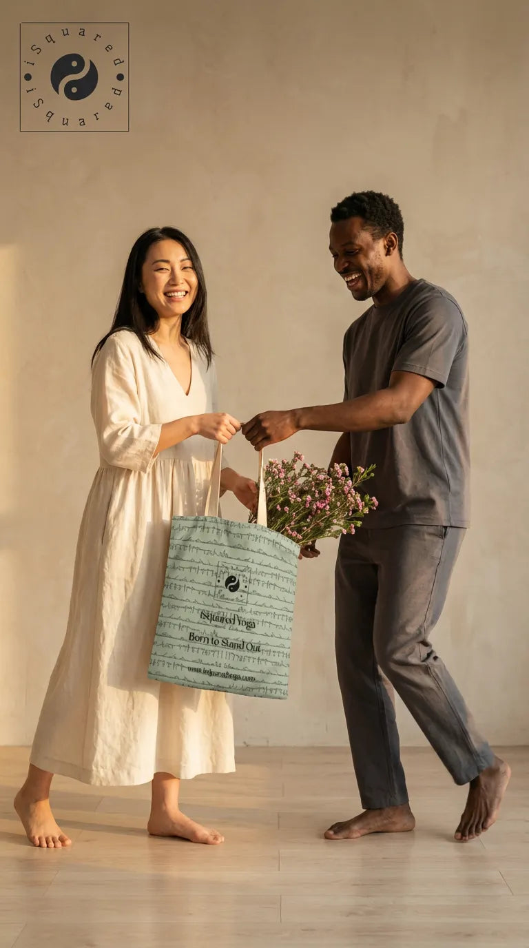 Bikram Pastel iSquared Yoga tote bag in 100% cotton canvas with double-sided 26-posture Bikram series print