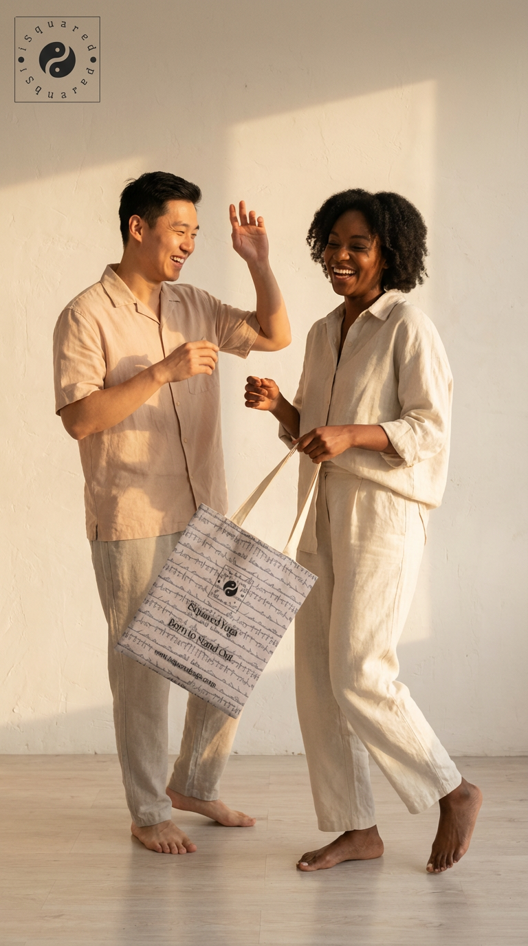 Bikram Pastel iSquared Yoga tote bag in 100% cotton canvas with double-sided 26-posture Bikram series print