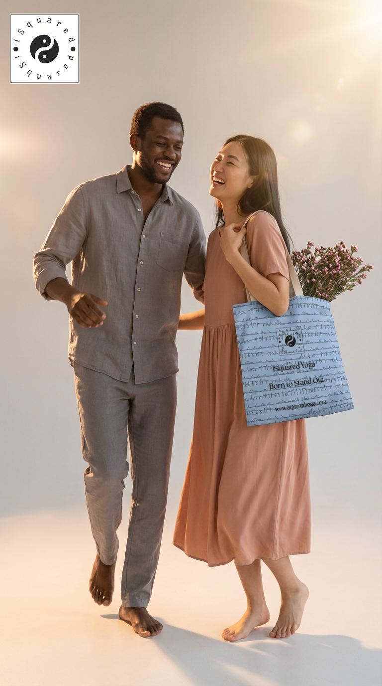 Bikram Pastel iSquared Yoga tote bag in 100% cotton canvas with double-sided 26-posture Bikram series print