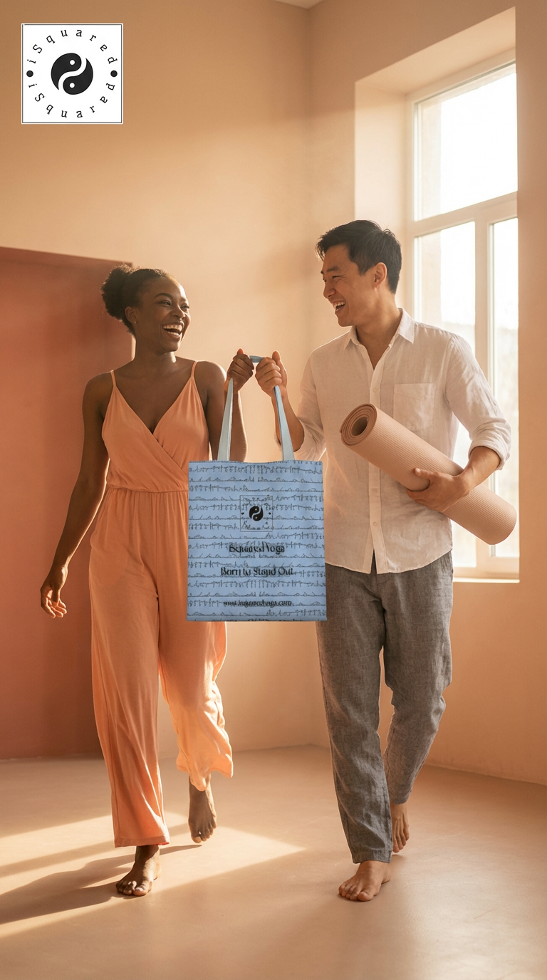 Bikram Pastel iSquared Yoga tote bag in 100% cotton canvas with double-sided 26-posture Bikram series print