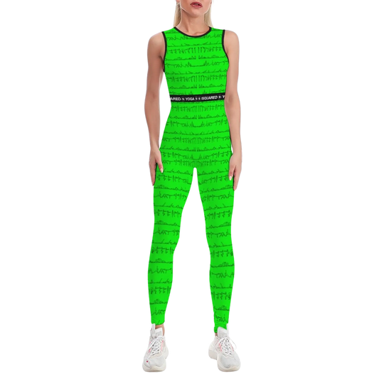 Sleeveless green jumpsuit featuring a unique Bikram yoga print, form-fitting silhouette, worn by a model with white sneakers.