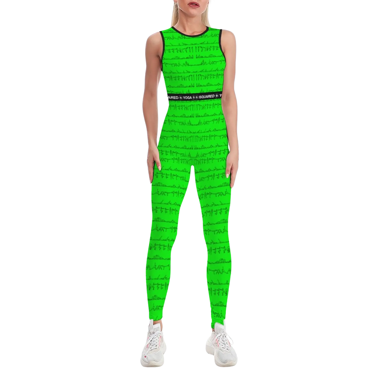 Sleeveless green jumpsuit featuring a unique Bikram yoga print, form-fitting silhouette, worn by a model with white sneakers.