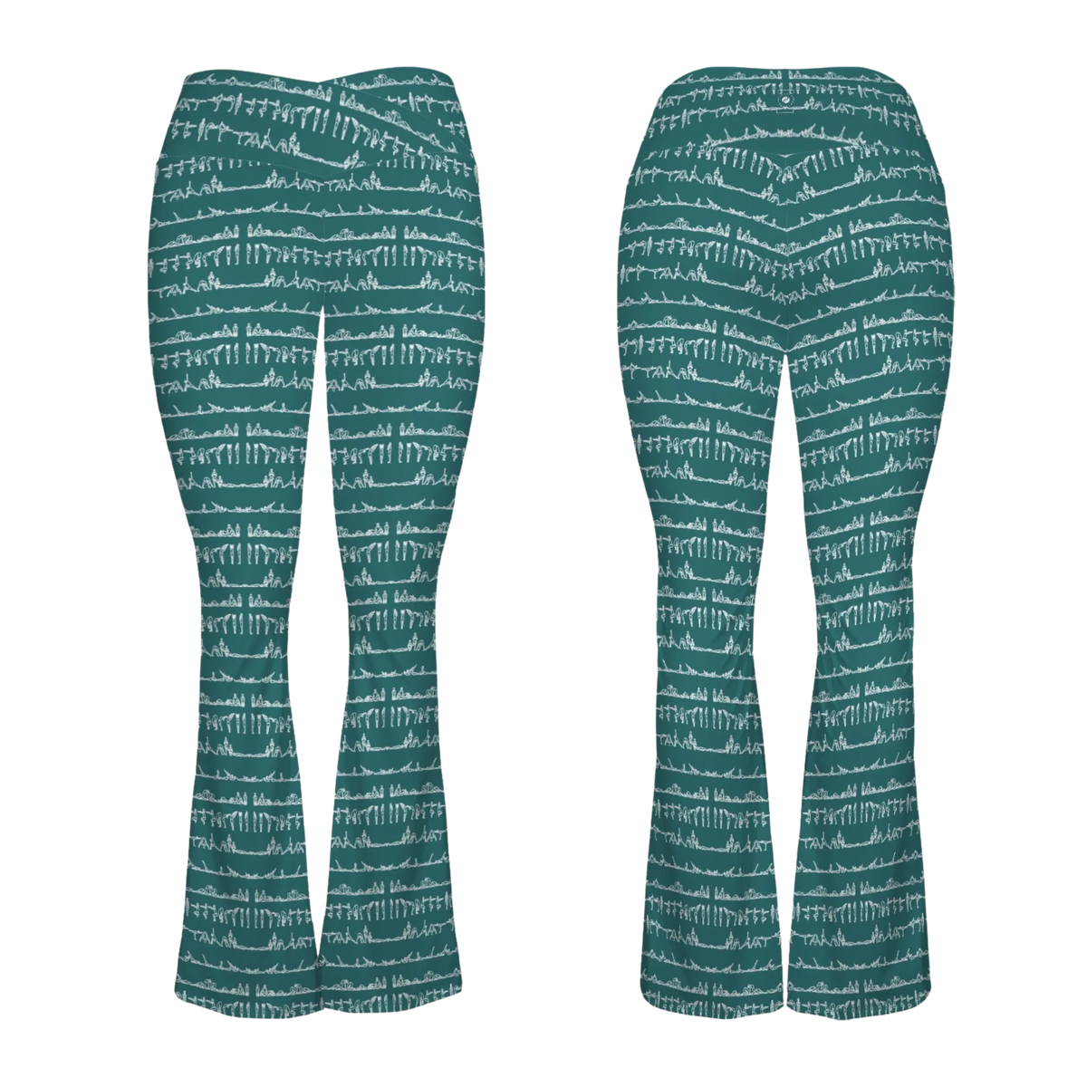 Bikram Ember Cross Waisted Flare Leggings in teal with a white abstract pattern, featuring a crossover waistband and flare leg design.
