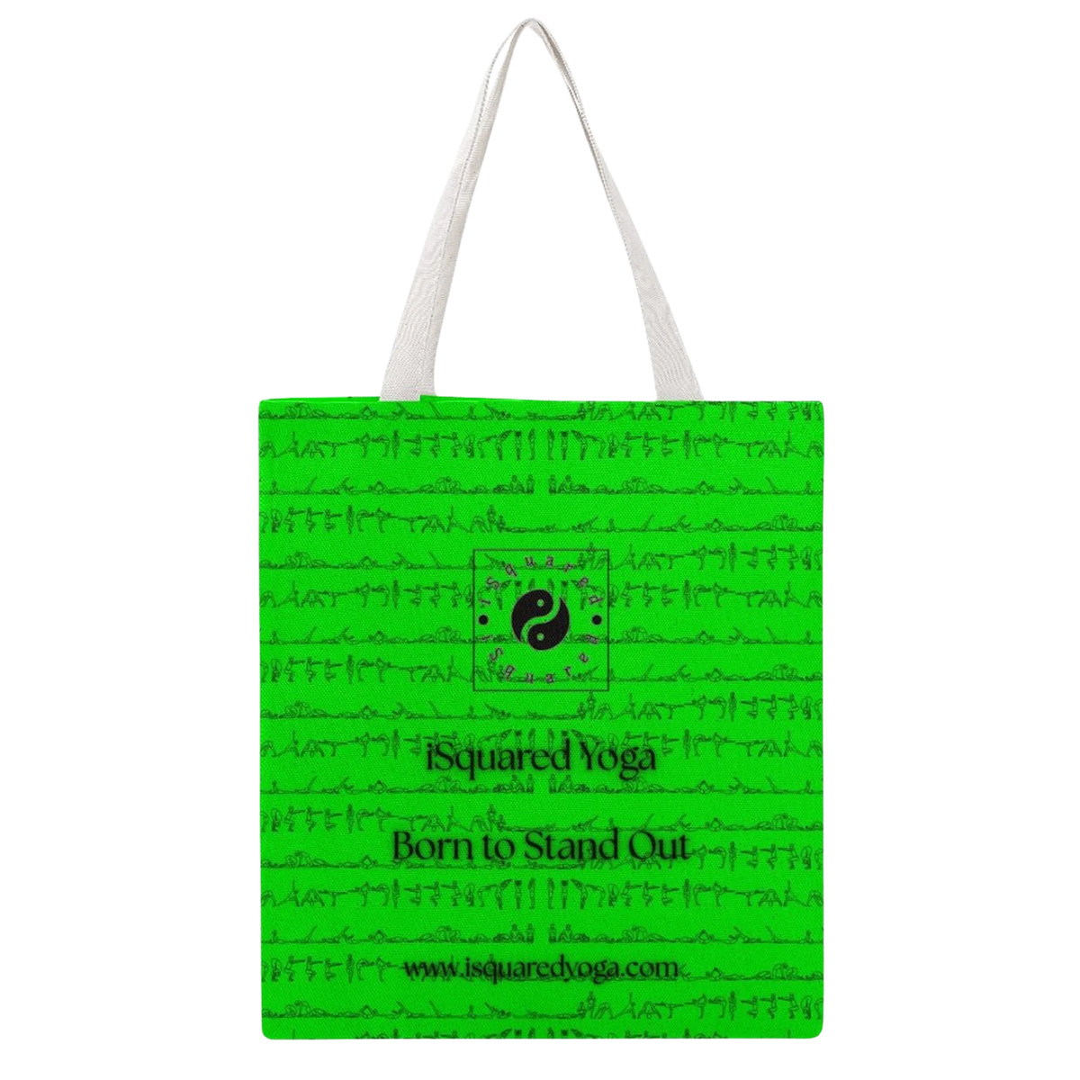 Bright green tote bag featuring black yoga-inspired art and the iSquared Yoga logo, with white shoulder straps.
