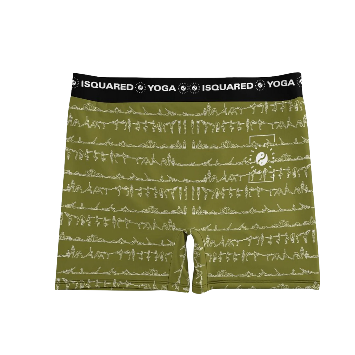 Bikram Ember shorts in olive green feature artistic white yoga poses, a wide black waistband, and a comfortable fit.