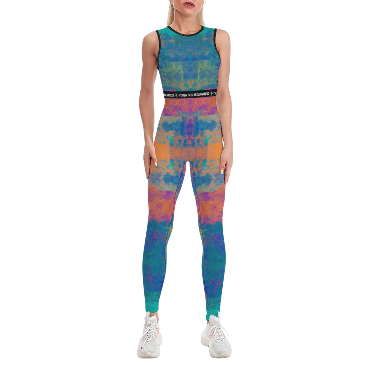 Sleeveless athletic jumpsuit in a tie-dye pattern featuring blue, orange, and purple hues, paired with white sneakers.