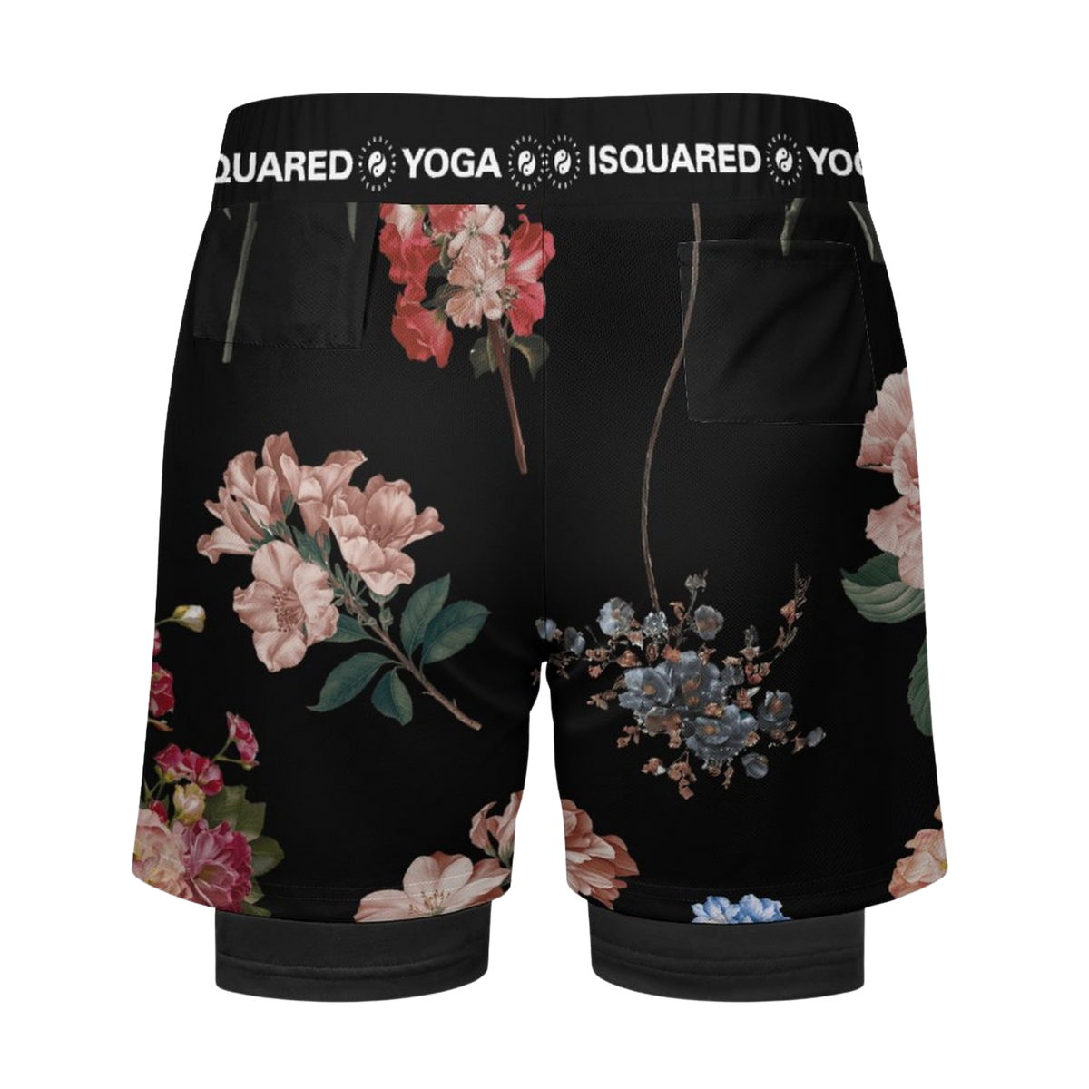 Compression yoga shorts in black, featuring a colorful floral pattern. Includes a side pocket and an elastic waistband for a secure fit.