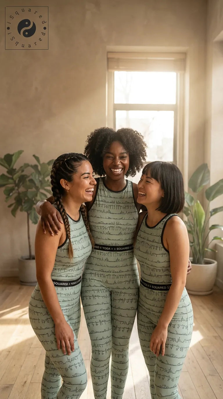 Pastel green sleeveless jumpsuits with a yoga posture print, worn by three smiling women, showcasing a fitted style.