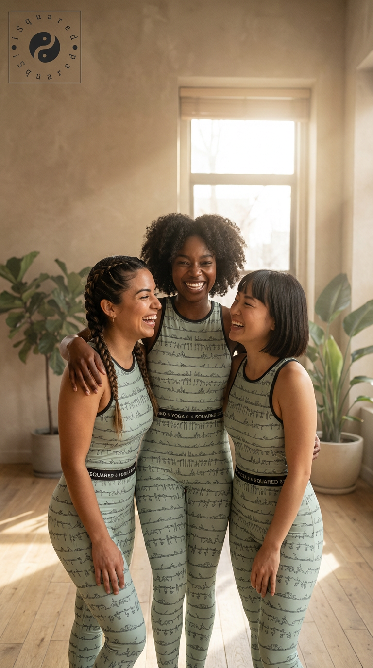 Pastel green sleeveless jumpsuits with a yoga posture print, worn by three smiling women, showcasing a fitted style.