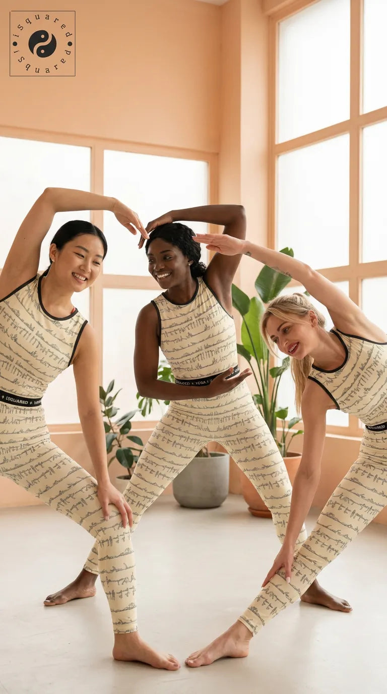 Three women wearing the Bikram Pastel jumpsuit, a beige one-piece with a subtle print, in a yoga pose.
