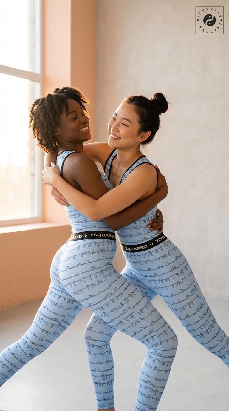 Sleeveless pastel blue jumpsuit with a fitted silhouette and fun print, worn by two women embracing in a cozy setting.