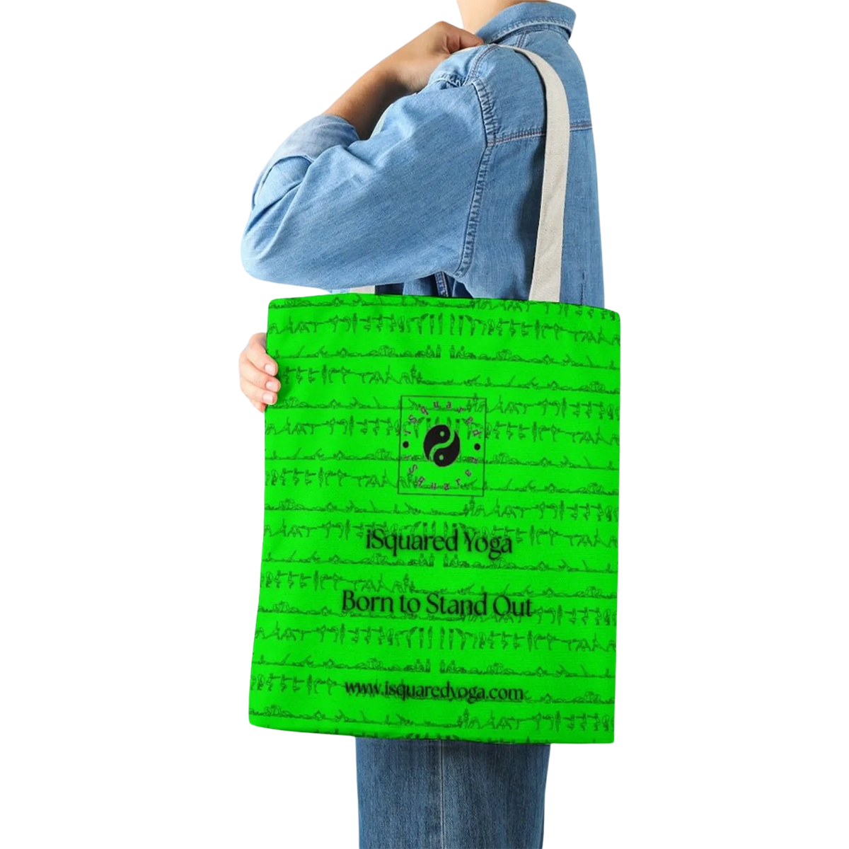 Bright green tote bag featuring intricate yoga posture prints and the text "Born to Stand Out" in black.