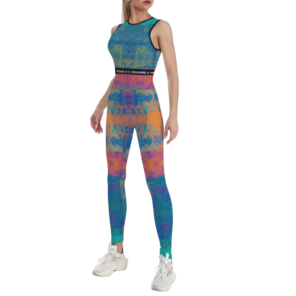 Sleeveless, colorful iSquared jumpsuit with a fitted design, featuring a vibrant blue and orange tie-dye pattern.