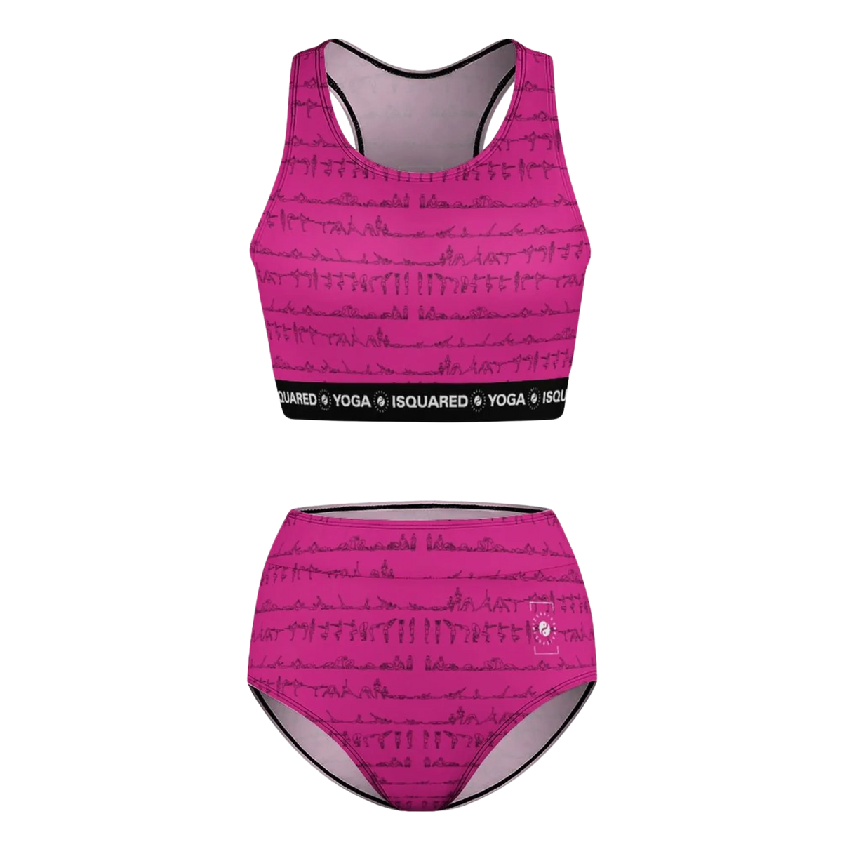 Neon pink Bikram Series Hot Yoga Bikini Set featuring a cropped top with black logo band and high-waisted briefs with yoga posture prints.