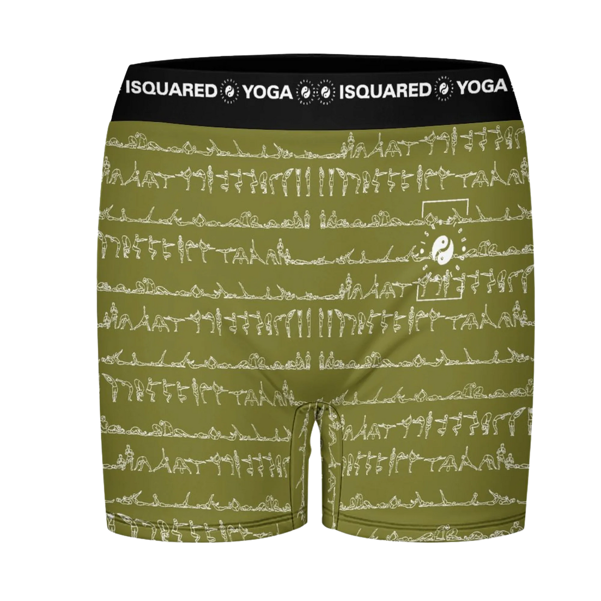 Bikram Ember iSquared Yoga Shorts in olive green, featuring artistic white yoga pose prints and a wide black waistband.