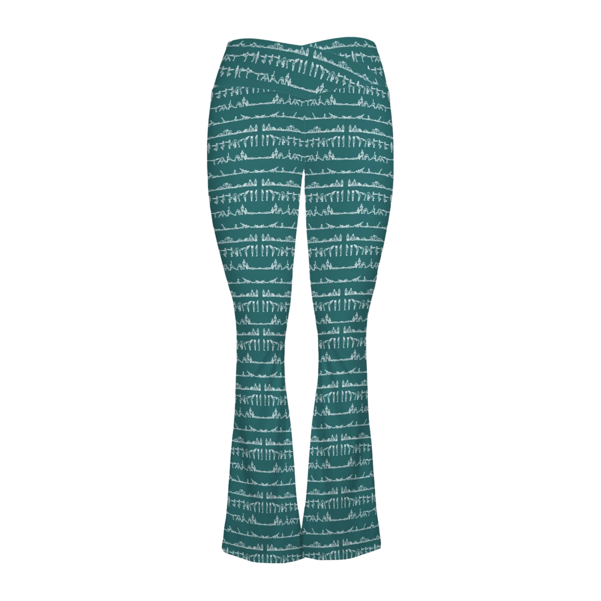 Bikram Ember Cross Waisted Flare Leggings in teal with white yoga pose print, featuring a crossover waistband and flared legs.