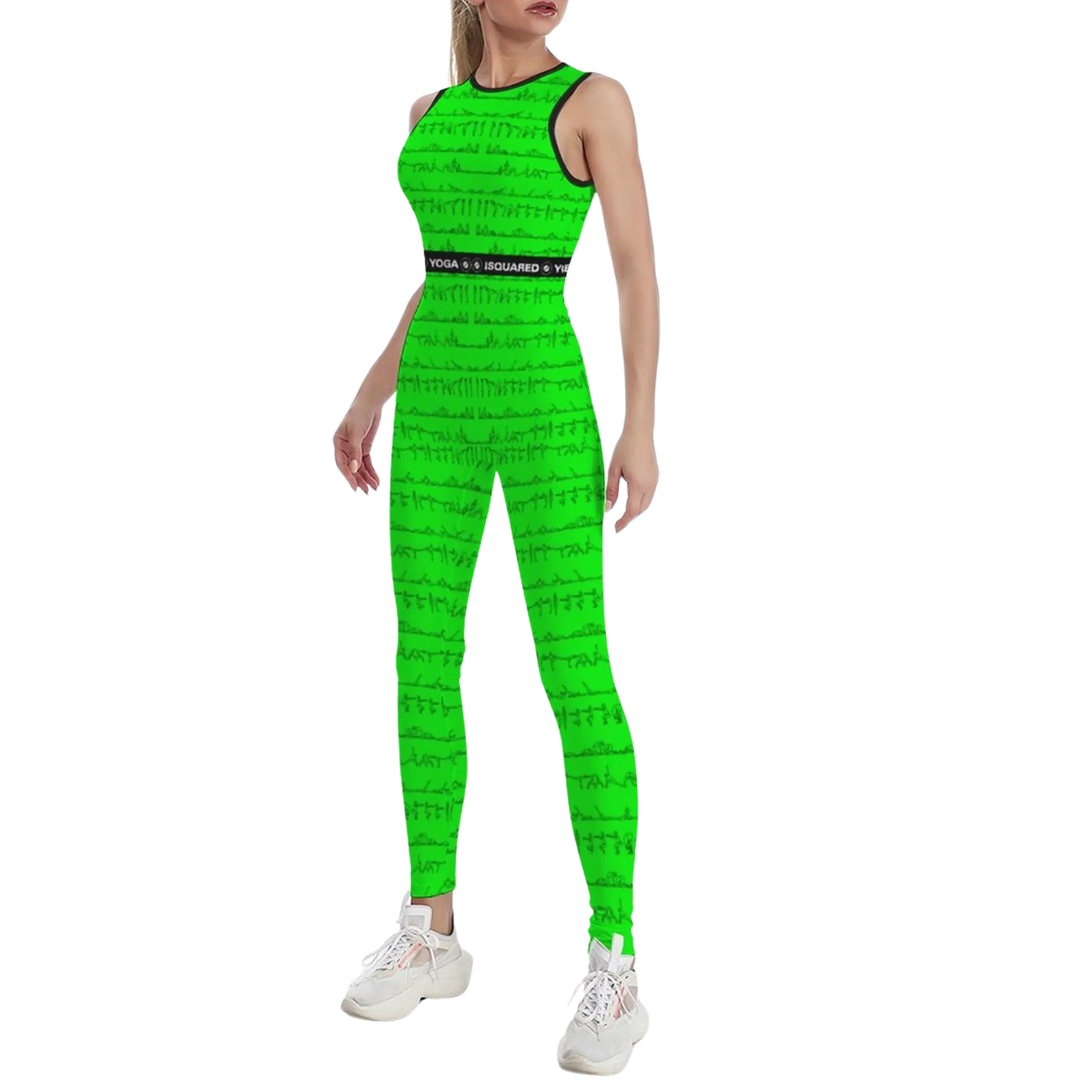 Sleeveless green jumpsuit featuring a Bikram yoga print, fitted silhouette, worn with white sneakers.