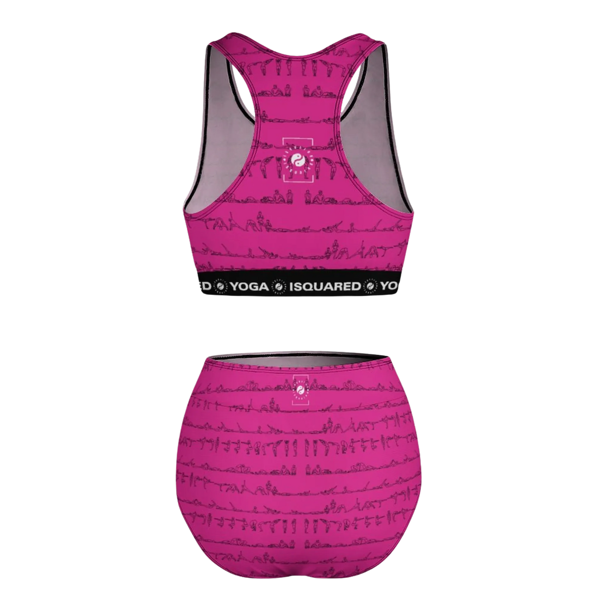 Neon pink Bikram Series Hot Yoga Bikini Set featuring a graphic print of yoga poses, with a black logo waistband.