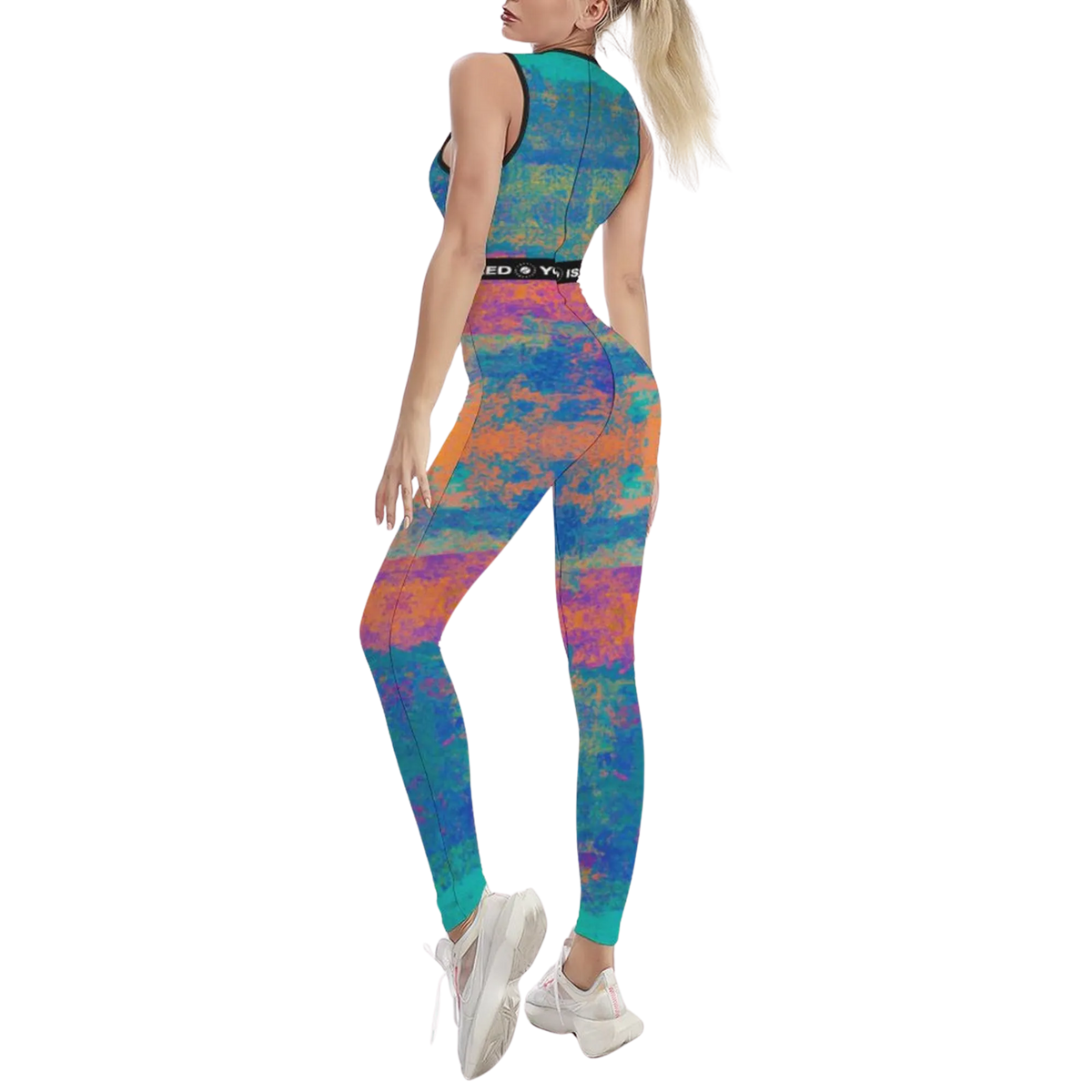 Colorful sleeveless jumpsuit with a body-contouring fit, featuring blue, orange, and purple patterns, paired with white sneakers.