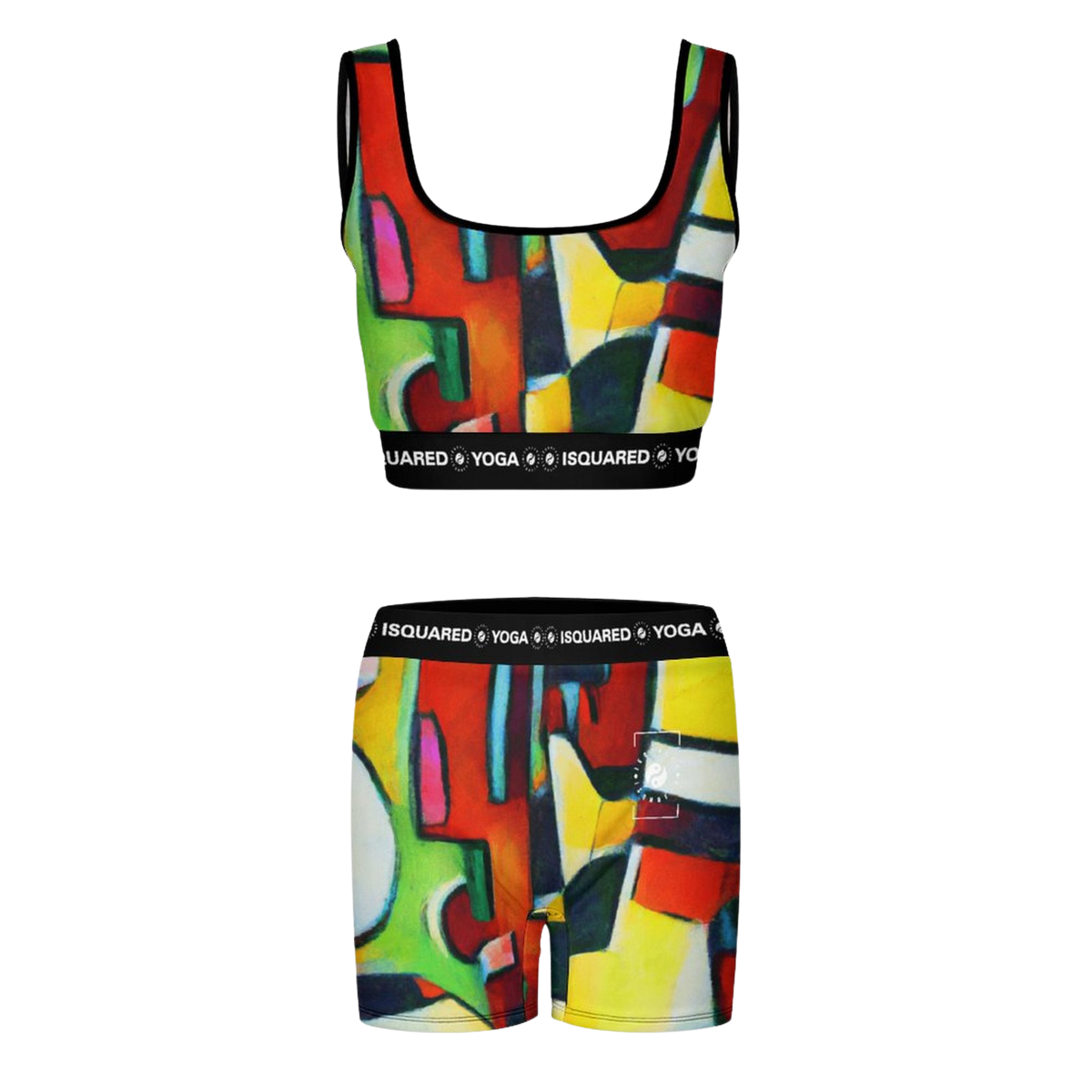 Colorful iSquared Yoga Set featuring a vibrant abstract print, with a scoop neck crop top and matching fitted shorts.