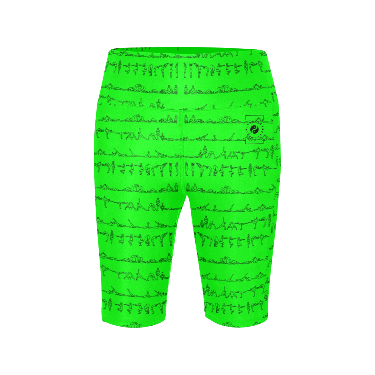 High-waisted biker shorts in bright green featuring a pattern of yoga poses. Ideal for workouts with secure coverage.