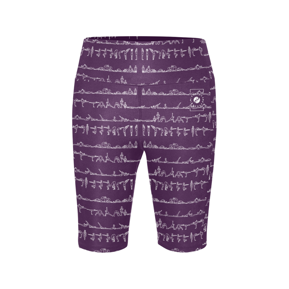 High-waisted purple biker shorts with a white yoga pose pattern and a small logo on the side.