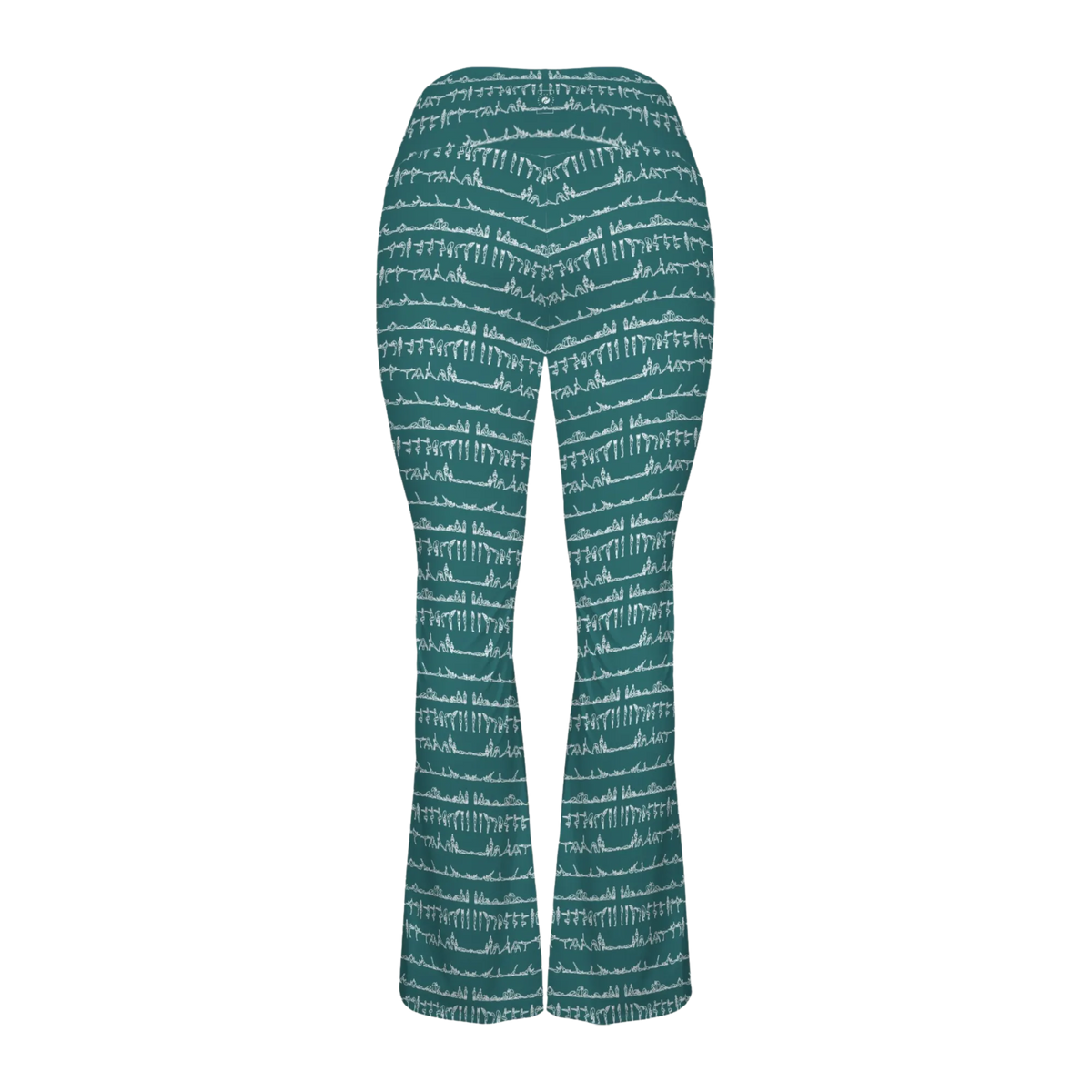 Bikram Ember Cross Waisted Flair Leggings in teal, featuring a modern flare leg design with white abstract patterns.