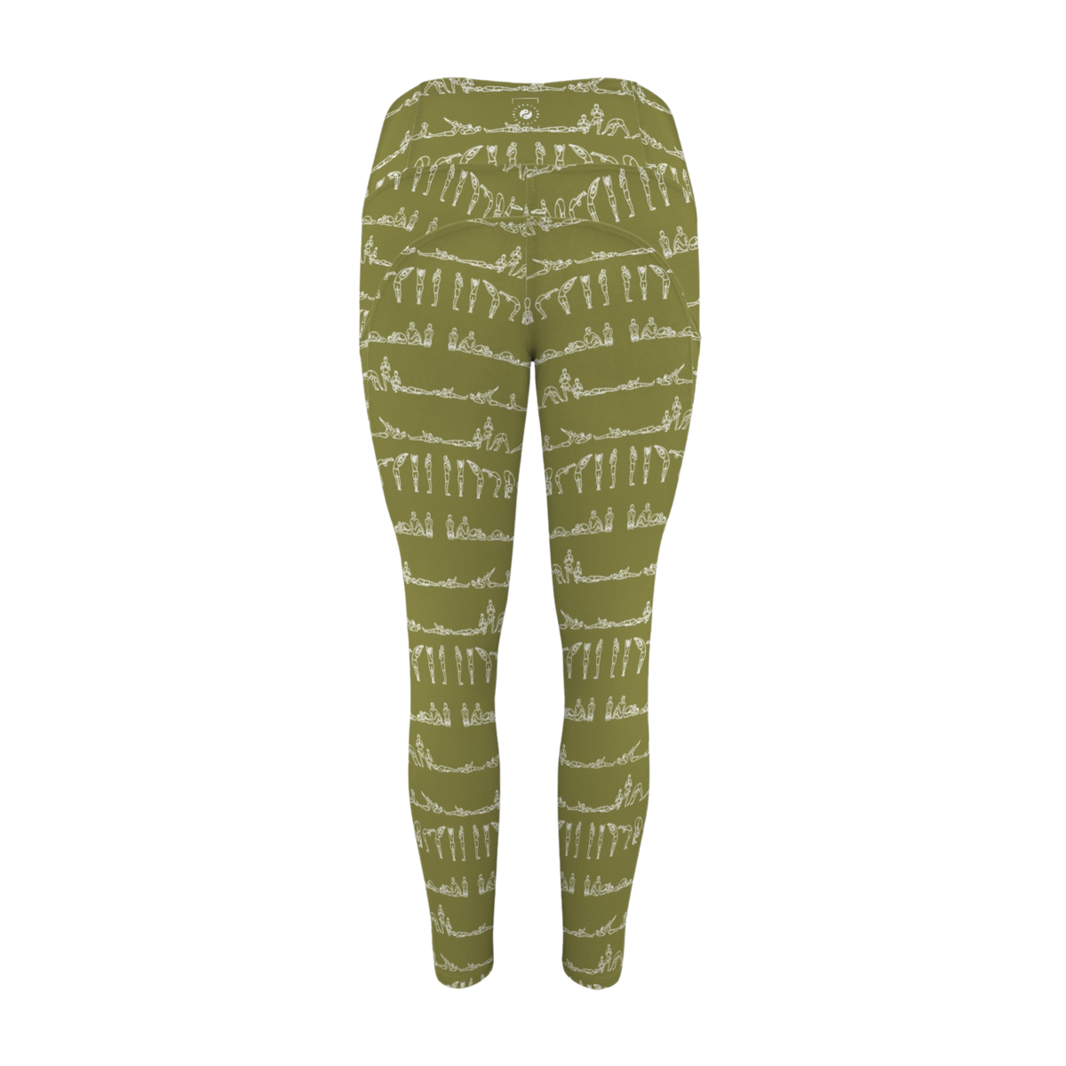 Bikram Ember iSquared Pocket Leggings in olive green, featuring white yoga-inspired graphics and a high-rise fit.