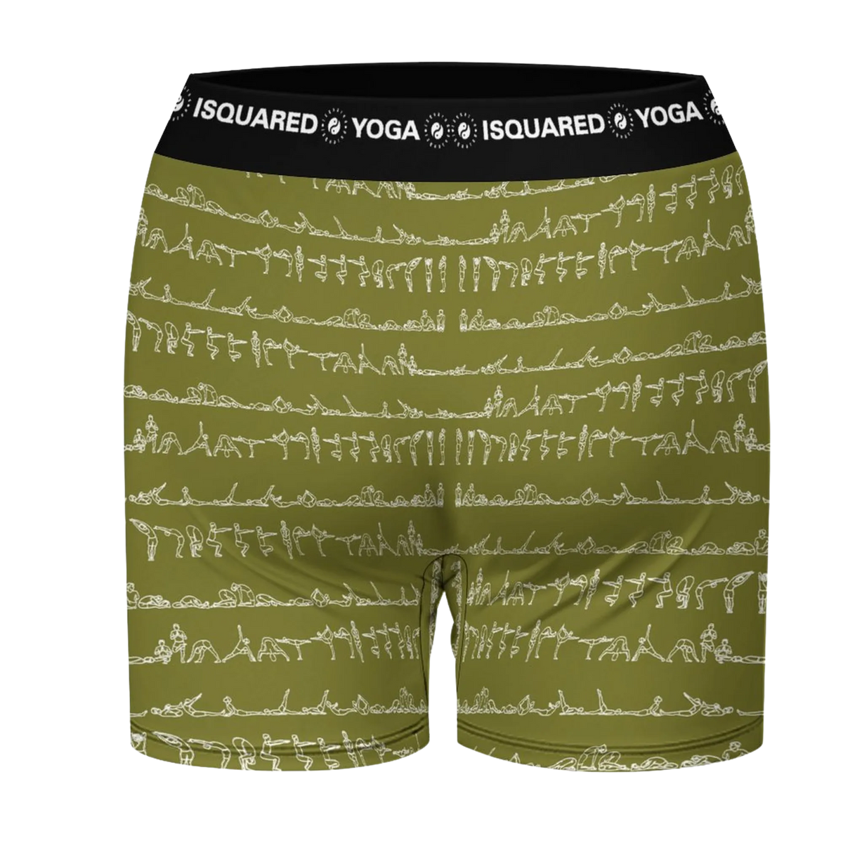 Unisex olive green shorts featuring white yoga pose illustrations and a black elastic waistband with "iSquared Yoga" branding.