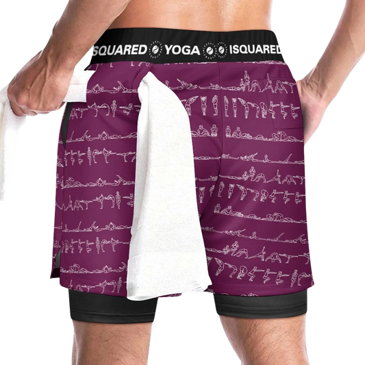 Compression yoga shorts in burgundy with a pattern of yoga poses, worn by a model holding a towel.