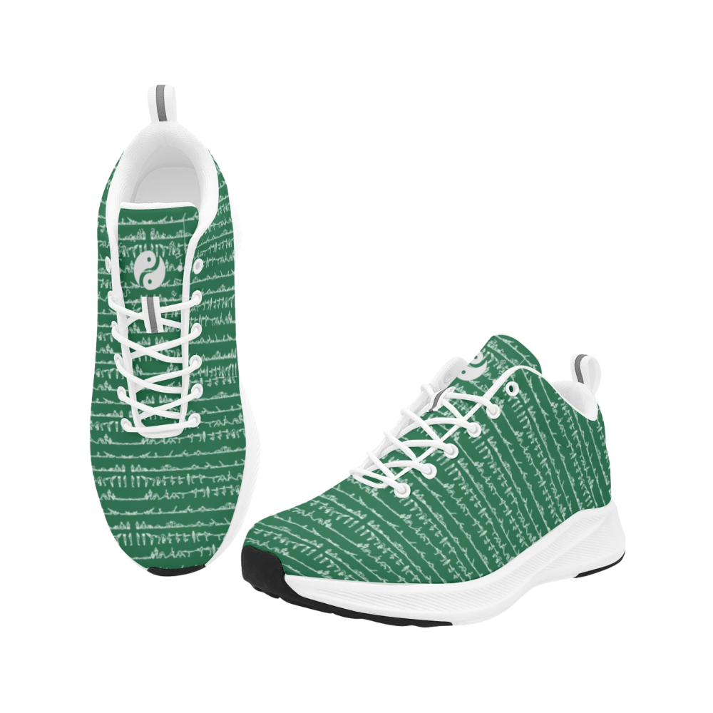 Green faux suede runners with white laces and a textured pattern, featuring a durable black rubber outsole.