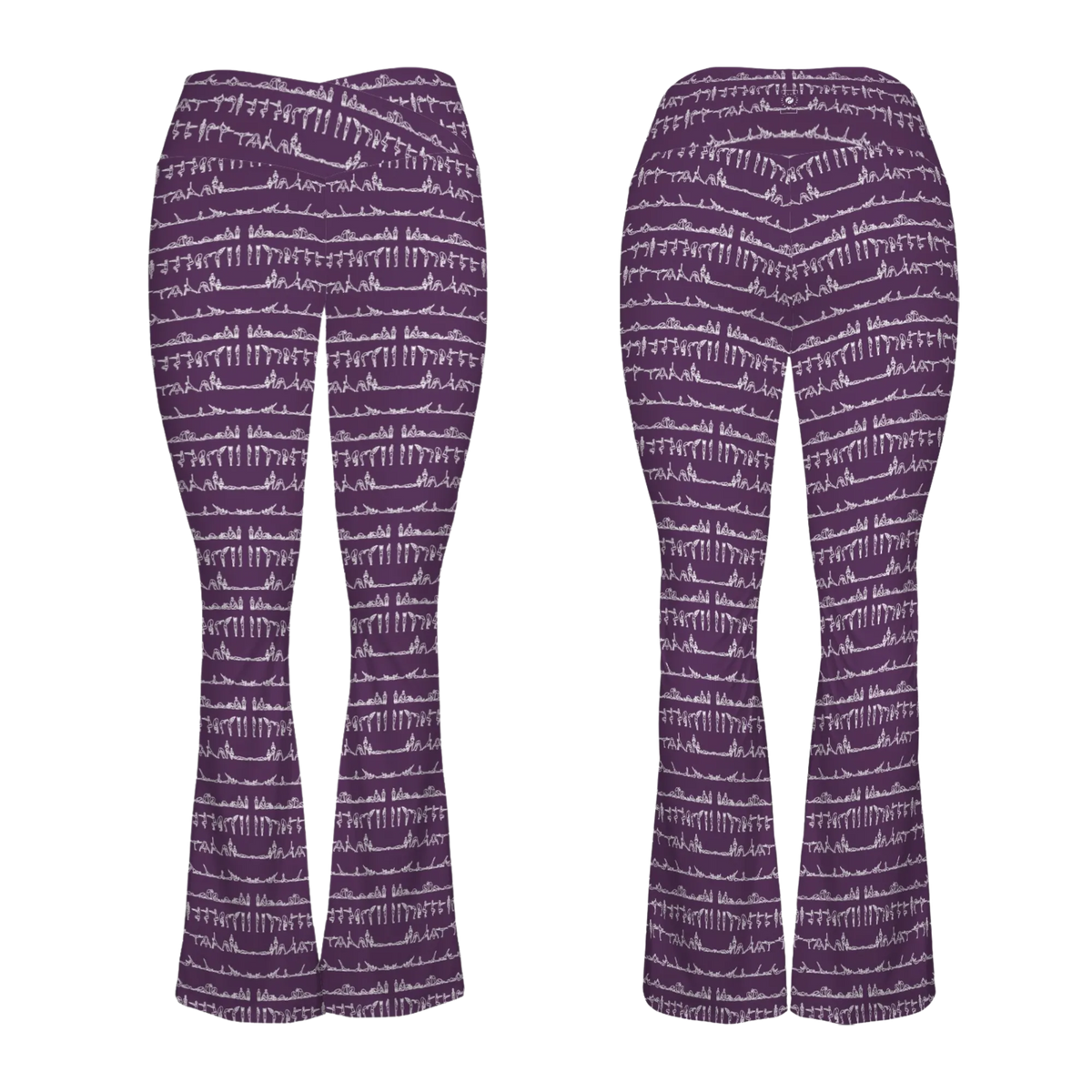 Cross waisted flare leggings in deep purple with white pattern depicting yoga poses, crafted from soft, stretchy material.