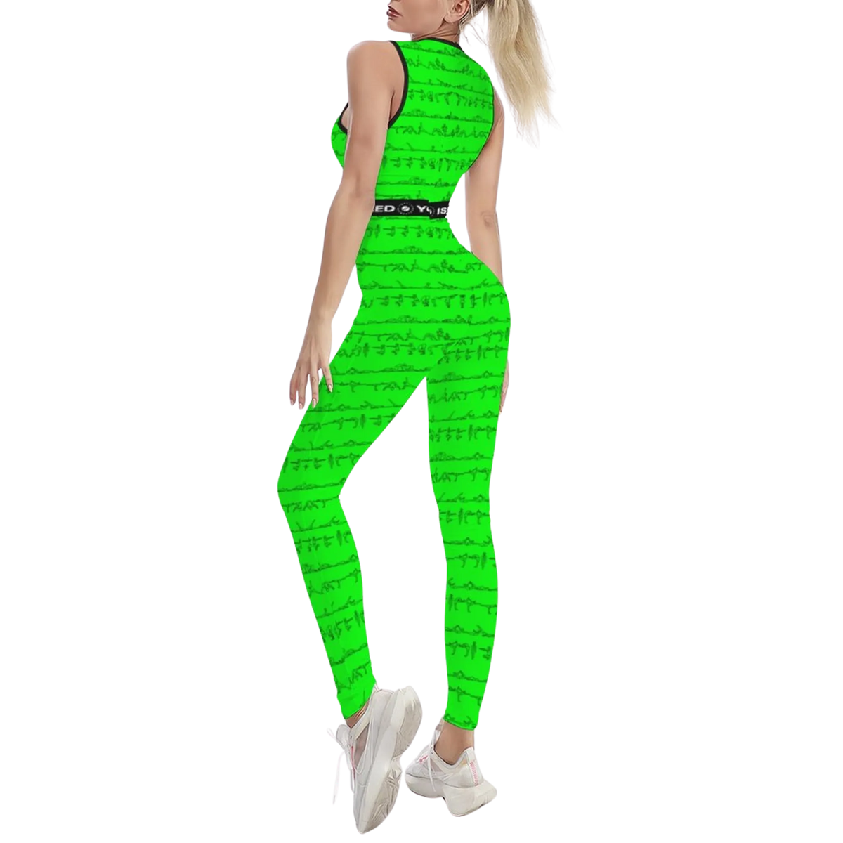 Bright green sleeveless jumpsuit with a textured pattern, featuring a body-contouring fit, worn with white sneakers.