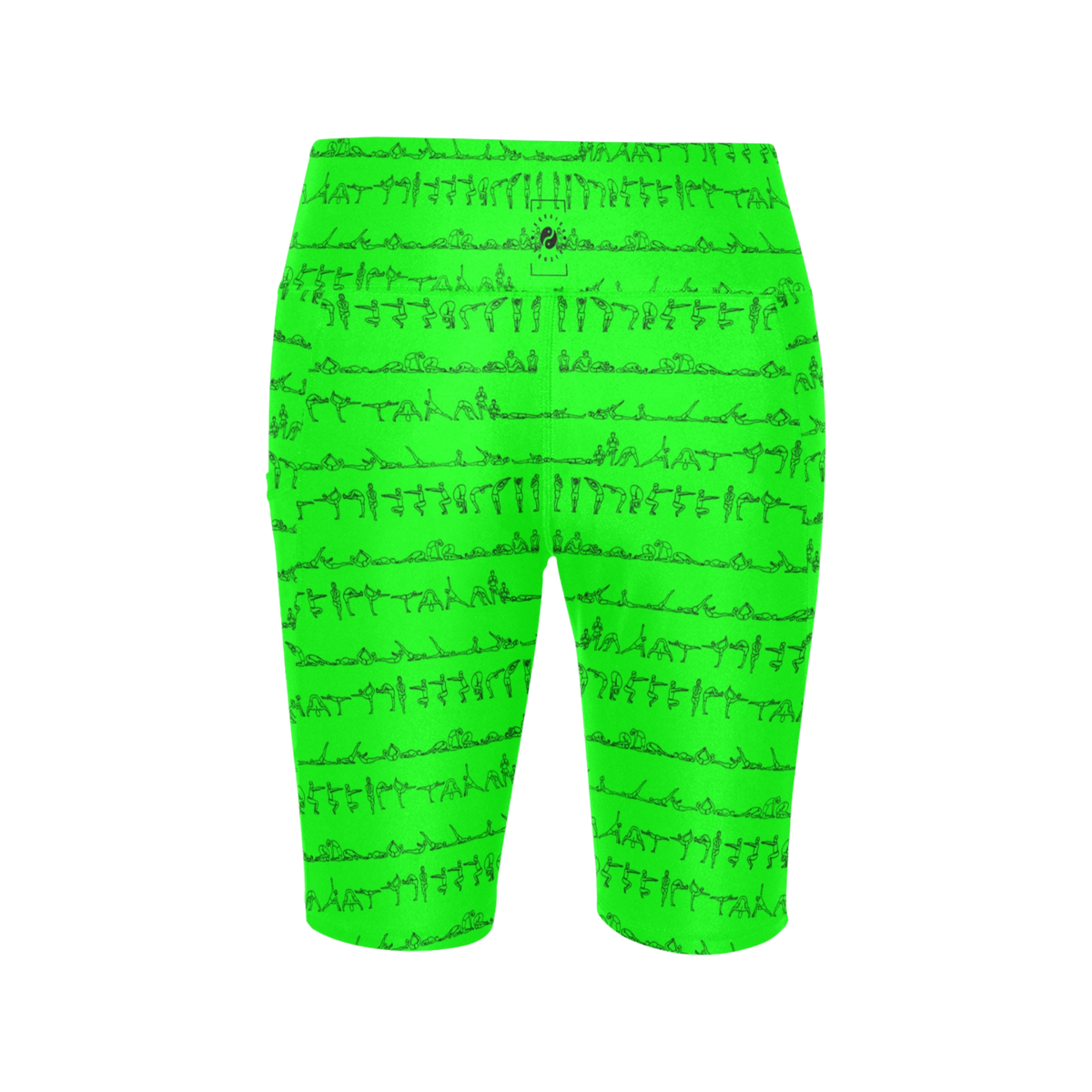 High-waisted biker shorts in bright green with printed yoga poses, designed for flexibility and comfort during workouts.