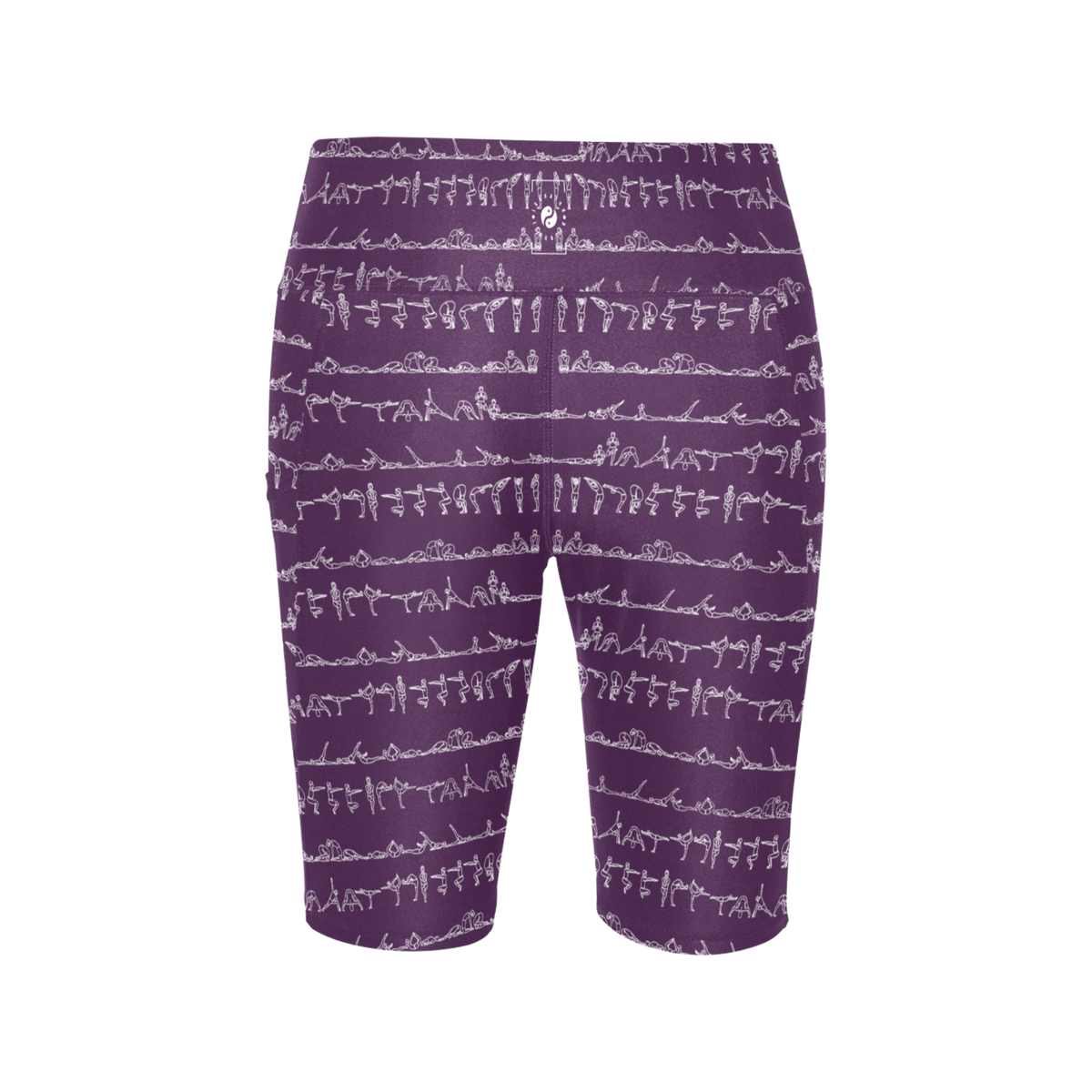 High-waisted biker-length shorts in deep purple with a white yoga pose print, providing comfort and flexibility.